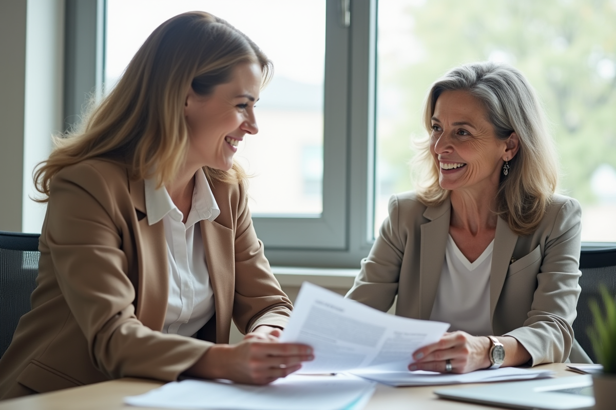 Travailleuse sociale discutant avec une senior dans un bureau lumineux