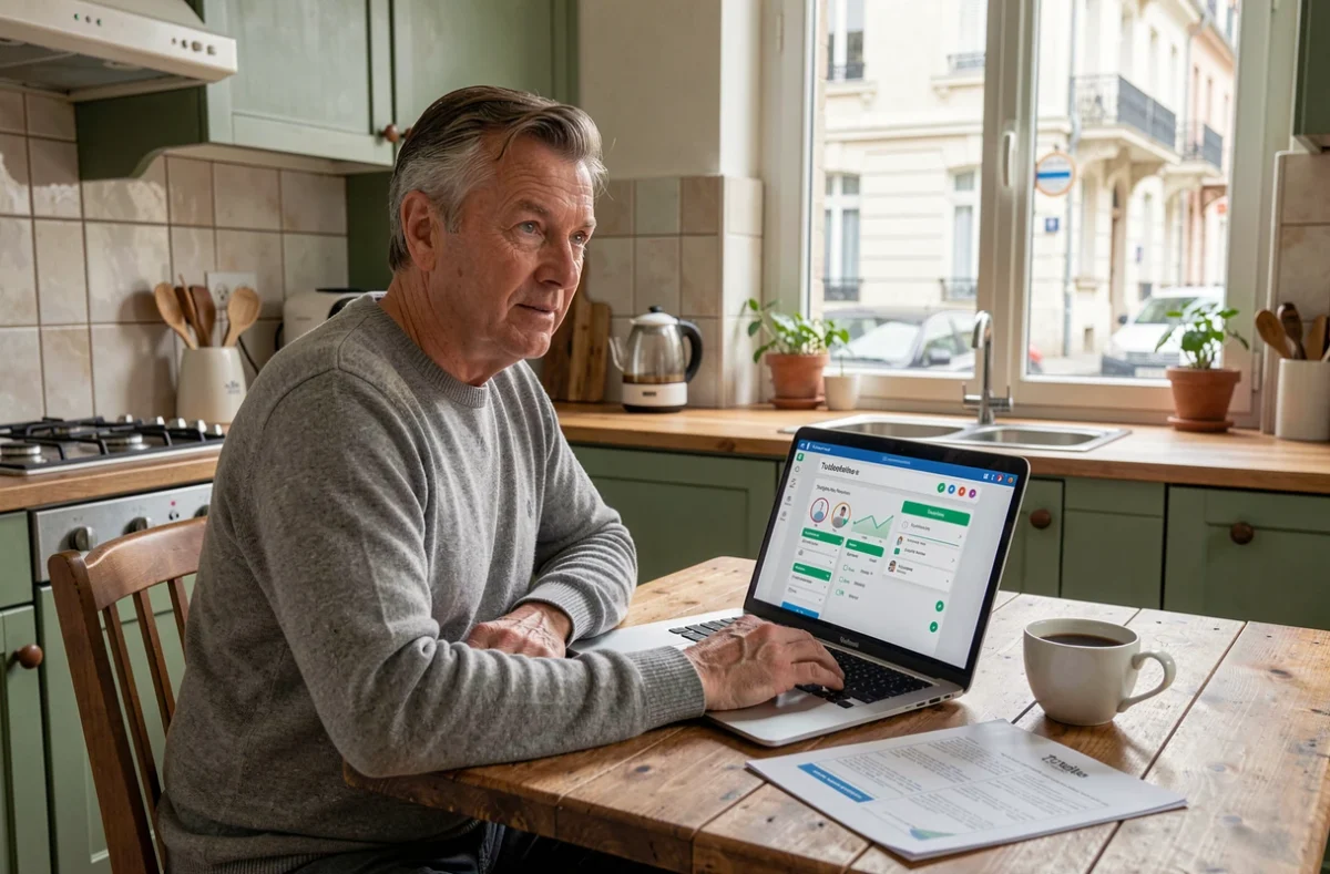 Tuteur légal consultant une plateforme de gestion de tutelle depuis son domicile sur un ordinateur portable