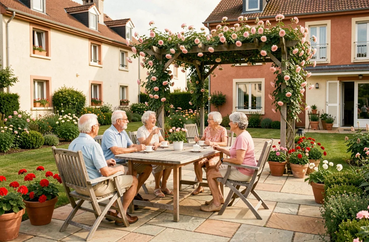 Terrasse conviviale des Villages d'Or à Savigny-le-Temple avec un groupe de résidents seniors autour d'un café
