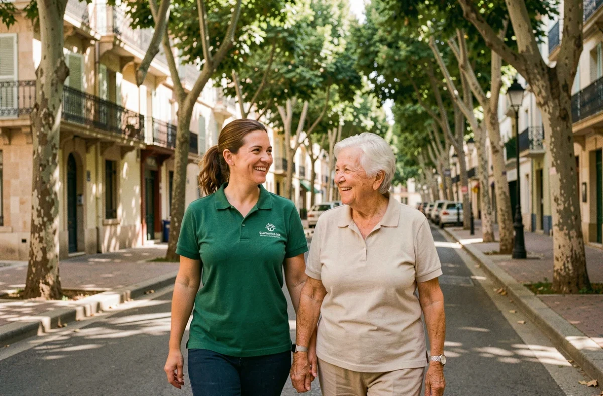 Une intervenante VIVASERVICES accompagne une personne âgée lors d'une promenade dans un quartier de Marseille